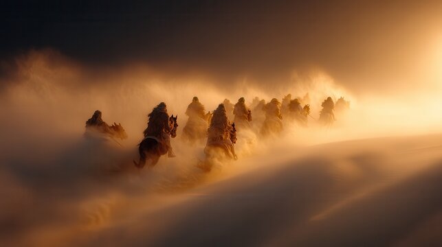 Epic twilight clash of Vikings and Arab warriors amidst swirling desert dust