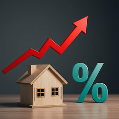 Conceptual image showing a miniature house with a rising red arrow and percentage symbol, representing increasing interest rates and the housing market.
