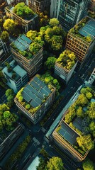 Drone view of smart city with green roofs and solar panels, urban green spirals, eco\-city design