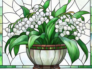 Stained glass artwork features vibrant depiction of potted lily of valley plant, showcasing delicate white flowers and lush green leaves. background consists of abstract geometric patterns