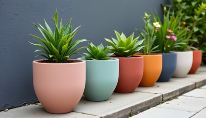 row of modern ceramic planters in cool shades, even spacing