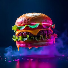 Neon glowing burger with mushrooms pink light high resolution picture