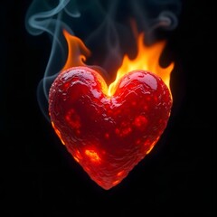 Red glowing heart on fire dark background high resolution picture