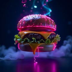 Psychedelic fast food surreal illuminated hamburger high resolution picture