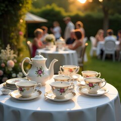 Tea party garden setting teapot cups high resolution picture