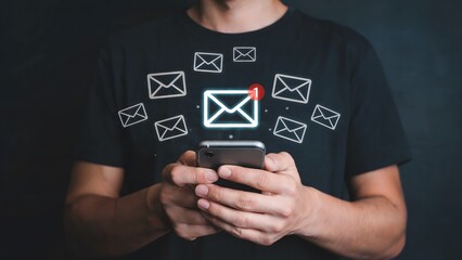 Person using a mobile device with email notification icons, suggesting digital communication, technology integration, and modern lifestyle needs with receiving emails on a handheld phone.