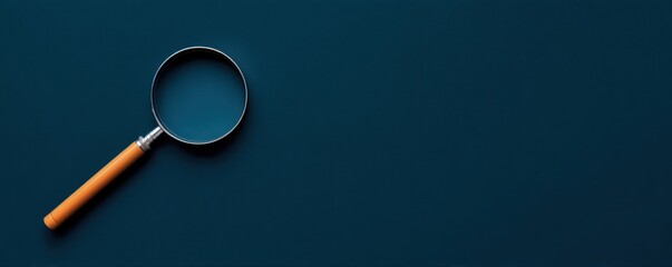 A magnifying glass with a wooden handle lies on a dark blue surface, symbolizing scrutiny, investigation, or discovery.