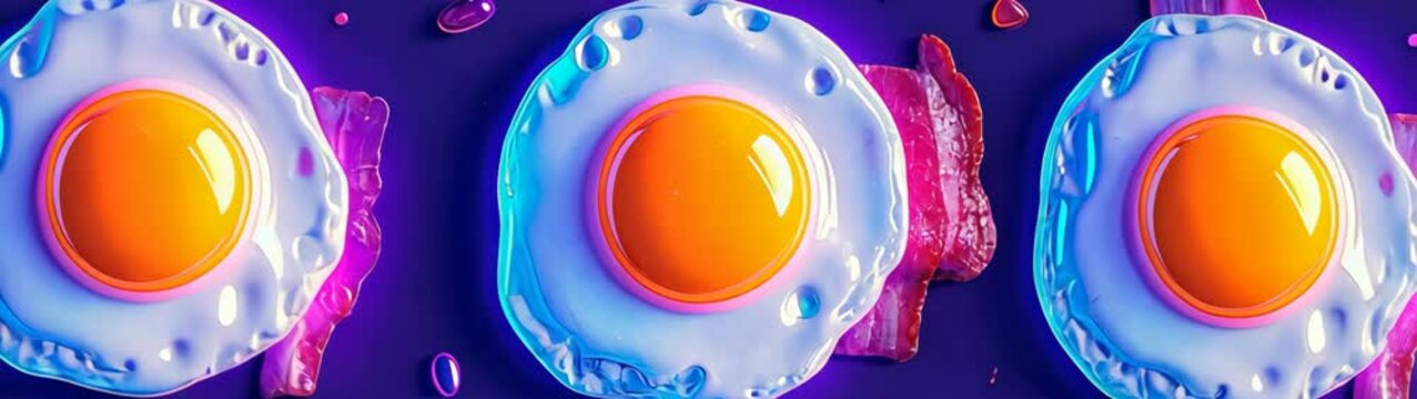 Fried eggs and bacon pattern shining in neon light.