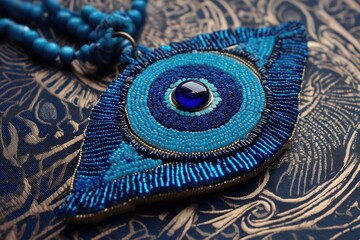This is a bad eye design. It is related to protection. There are blue nazar talisman on the background. The amulet is made from blue beads.