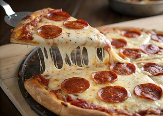 Delicious pepperoni pizza slice being lifted with gooey cheese pull close up view