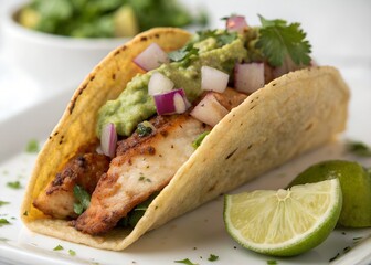 Delicious fish tacos recipe with guacamole and red onion for mexican food lovers