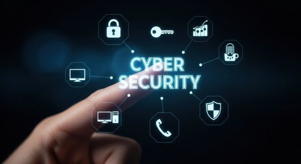 Cyber Security Interface: Finger Touching Glowing Icons on Dark Background