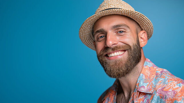 Smiling Man in Summer Attire: A vibrant portrait of a joyful man radiating positivity and summer vibes, wearing a straw hat and a floral shirt against a bright blue background.