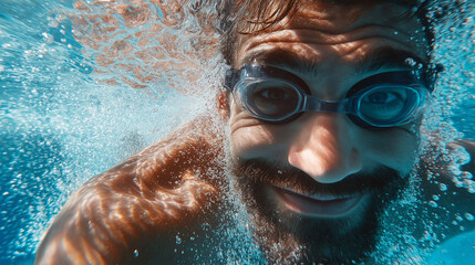 Underwater Swimmer: Close-up underwater shot of a man swimming, his face partially submerged, wearing swimming goggles, with bubbles surrounding him.  He has a beard and seems to be smiling.