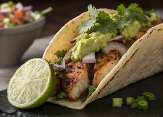 Delicious fish tacos with guacamole and lime for a tasty mexican food meal