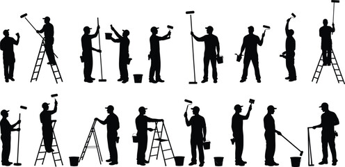 Silhouette of painters working, ladder, roller brush, bucket, painting tools, handyman, repair, house painter vector, black worker figure © Md Rofequl Islam