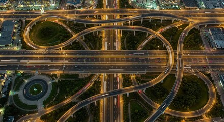Night Aerial View Complex Highway Interchange Traffic