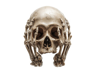 The content is a terrifying skull head, with two upright skull arms, fingers in claw shape, a white or transparent background,