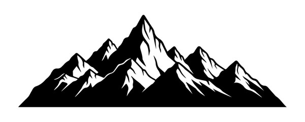 Fototapeta premium Abstract mountain landscape isolated on transparent background. Rock Silhouette. Vector design snowy mountain range for camping logotype, travel destination, adventure and outdoor exploration