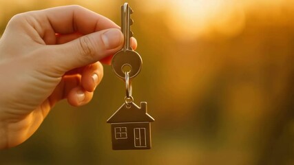 Close-up video frame of a hand holding a house keychain against a warm, blurred sunset background, symbolizing new beginnings and home ownership. Live desktop wallpaper. - Powered by Adobe