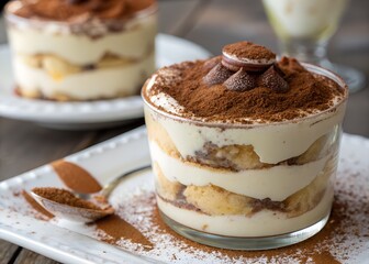 Delicious tiramisu dessert recipe in glass cup with cocoa powder topping view
