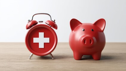 A red alarm clock with a white medical cross stands next to a red piggy bank on a wooden surface, symbolizing health savings or emergency funds.