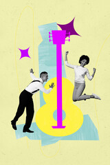 3d zine pop poster vertical collage of happy girl guy dance weekend party celebration note guitar...