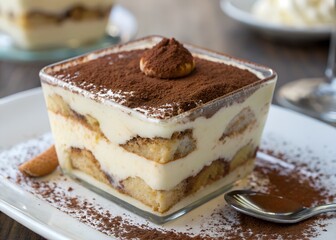 Delicious tiramisu dessert in a glass cup with cocoa powder italian treat food