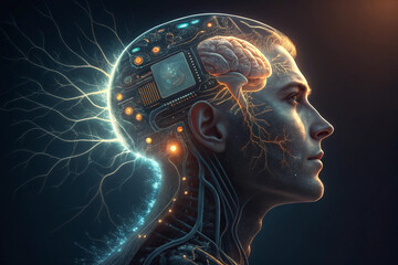 Obraz premium Human brain anatomy illustration showing human head profile with brain and thinking concept