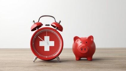 A red alarm clock with a white Swiss cross symbol and a red piggy bank sit side by side on a wooden surface against a plain white background.