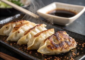 Delicious pan fried gyoza dumplings served with soy sauce asian cuisine food shot