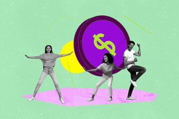 Composite zine pop trend collage of happy business partners hold big dollar coin capital progress...