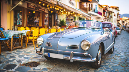 Obraz premium A vintage car parked on a quiet street with a charming café in the background, evoking nostalgia.