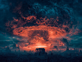 Doomsday unfolds as civilization faces collapse amidst a fiery sky and billowing clouds of destruction over a once-thriving city full of life