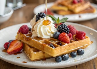 Delicious waffles with fresh berries and whipped cream breakfast food photography