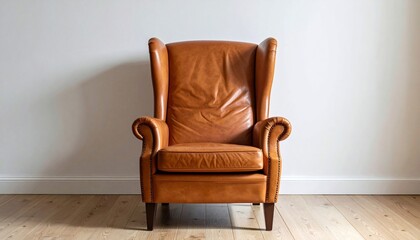 A brown leather wingback chair in a room, minimalist scene