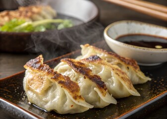 Delicious pan fried gyoza dumplings with dipping sauce asian cuisine food dish