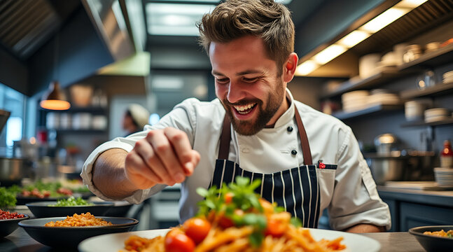 Happy male chef garnishing a delicious pasta dish with herbs in a modern restaurant kitchen

