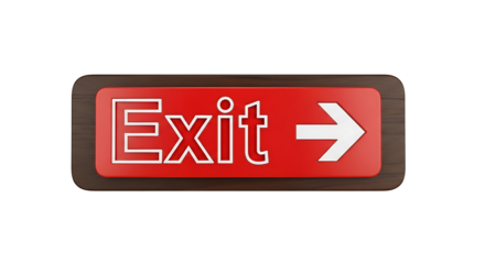 A brightly lit red and white exit sign with an arrow indicating the way out