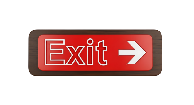 A brightly lit red and white exit sign with an arrow indicating the way out
