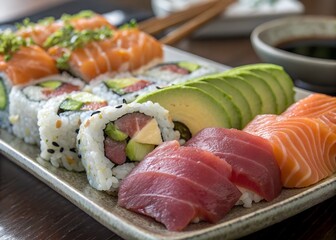 Sushi platter with salmon tuna and avocado rolls japanese cuisine food photo