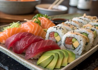 Assorted sushi platter with salmon tuna and avocado rolls japanese cuisine