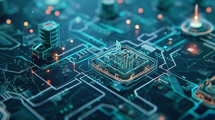 futuristic IT infrastructure diagram, cloud and server icons, blue digital background, microchip cityscape, digital circuitry landscape