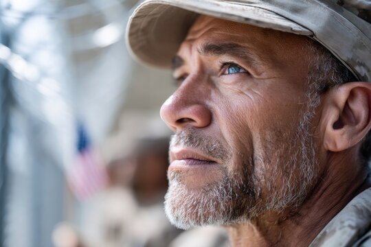 Middle-aged Hispanic soldier stands guard at military base with flags and barbed wire in the background