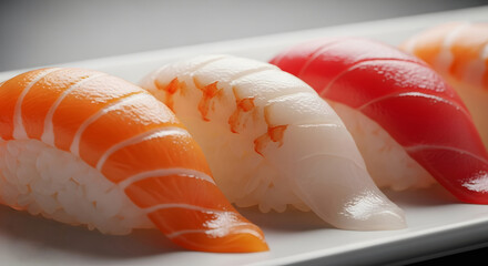 Close up of assorted nigiri sushi pieces arranged on a white plate in a well lit setting view
