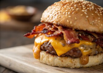 Delicious bacon cheeseburger with sesame bun for food blog and restaurant menu
