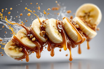 Sliced bananas with caramel splash and nuts on elegant gray background