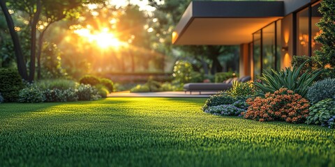 A modern house with large glass windows overlooks a lush, sunlit garden with vibrant shrubs and a neatly manicured lawn at sunset.