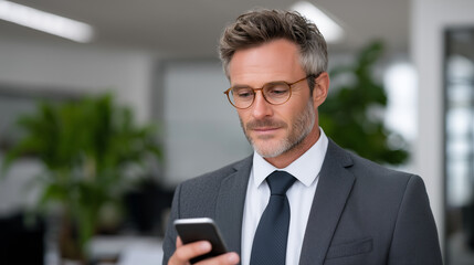 Mature businessman checking emails on smartphone in sleek office.