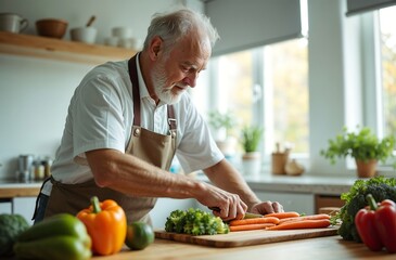 Elderly Man Preparing Healthy Meal – Fresh Vegetable Prep in Sunlit Modern Kitchen